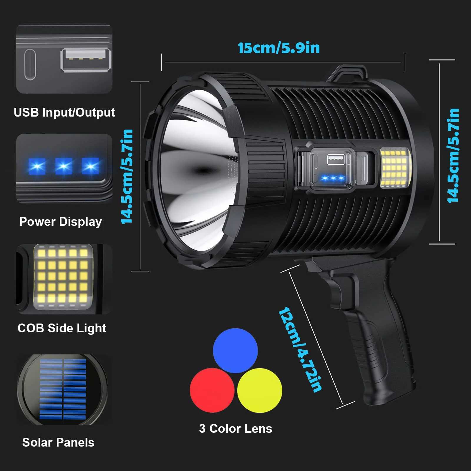 Rechargeable Spotlight 900000 Lumens Led Spot Lights Handheld Large Flashlight Super Bright Outdoor Solar Spotlights Searchlight C250915