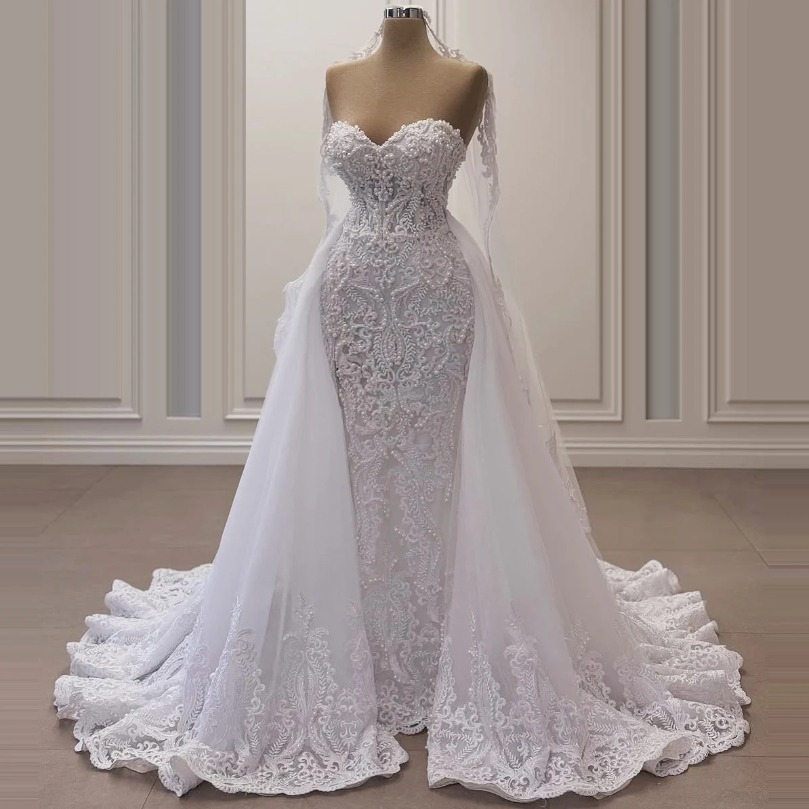 Elegant White Lace Wedding Dress Pearl Detachable Train Strapless Mermaid Engagement Bridal Gown Robe de Mariee Customized