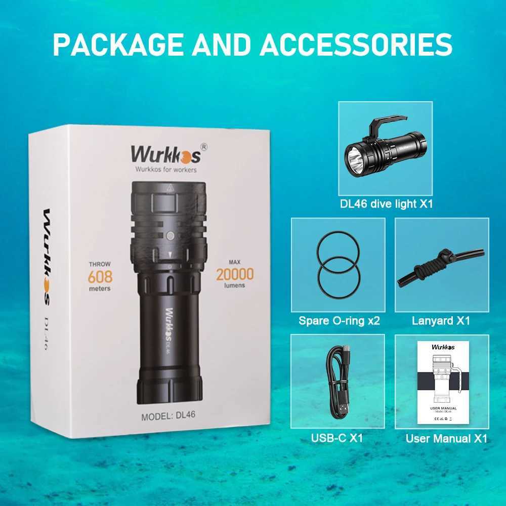 Wurkkos DL46 20000LM Super Bright Diving Flashlight 608M Range Rechargeable Underwater Lantern 30000mAh 46950 Battery Power Bank C250915