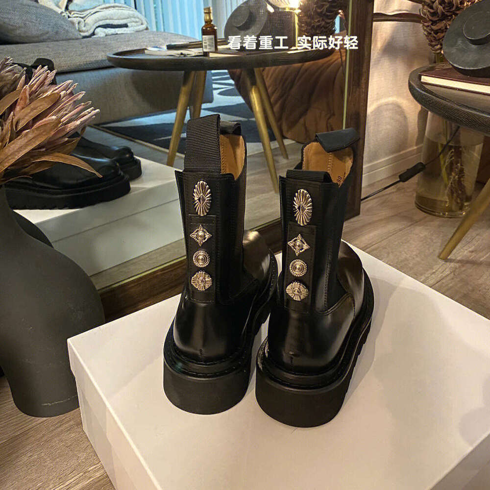 Metal Buckle Thick-Soled Genuine Leather Martin for Women, Cowhide Short Chimney Mid-Calf Motorcycle Boots, Chelsea Boots