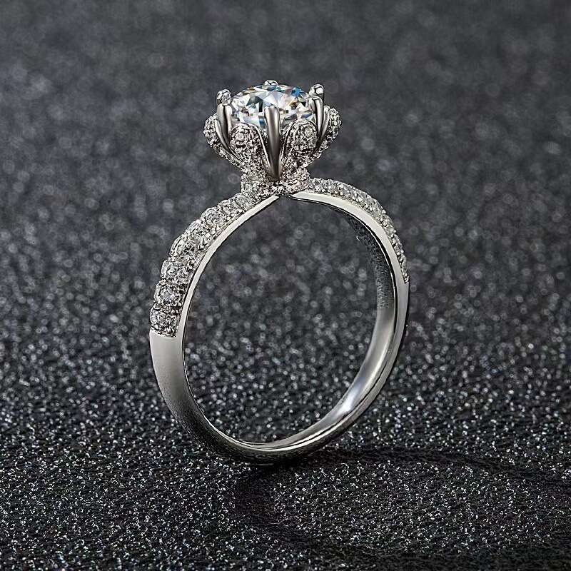 Pure Silver One Ice Queen Holding Flower Moissanite Diamond Ring for Women Wedding Engagement with