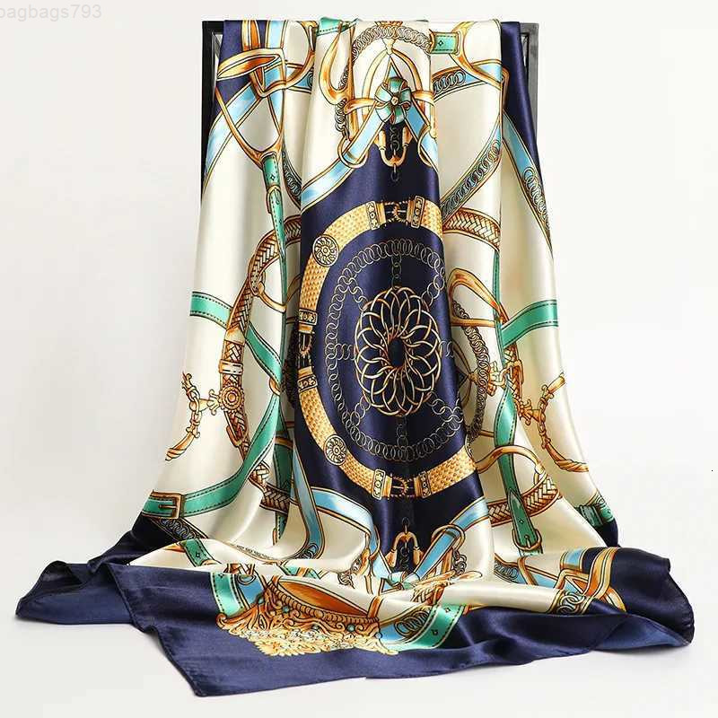 Scarves 9090cm Silk Scarf Handkerchiefs Hair Print Satin Big Square Silk Scarves Shawls for Women Luxury Brand Designer Hijab Headband M250709