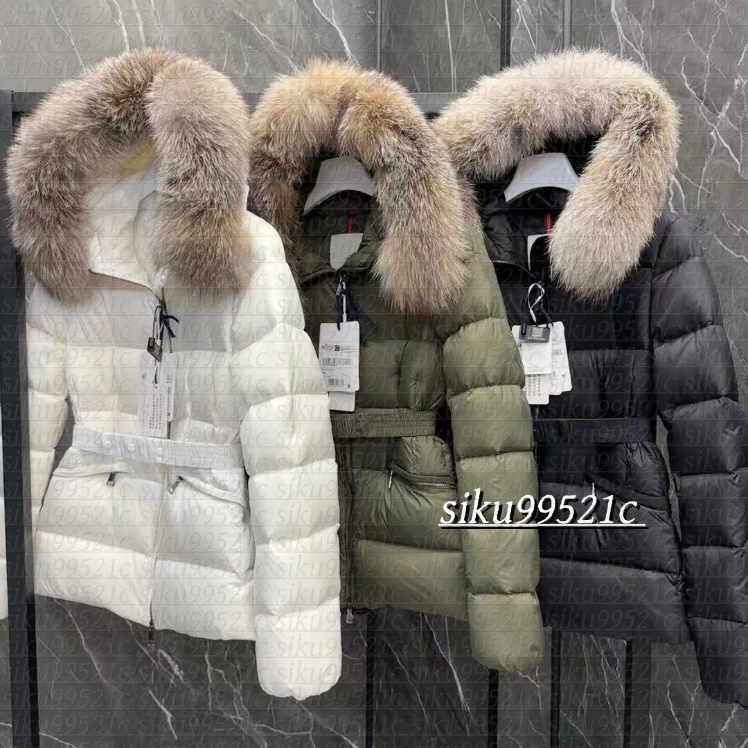 Designer Winter Women's down Jacket Fox Fur collar Embroidered Boed badge Warm Fashion Jacket with Belt Women's cotton coat with large pockets tucked in waist