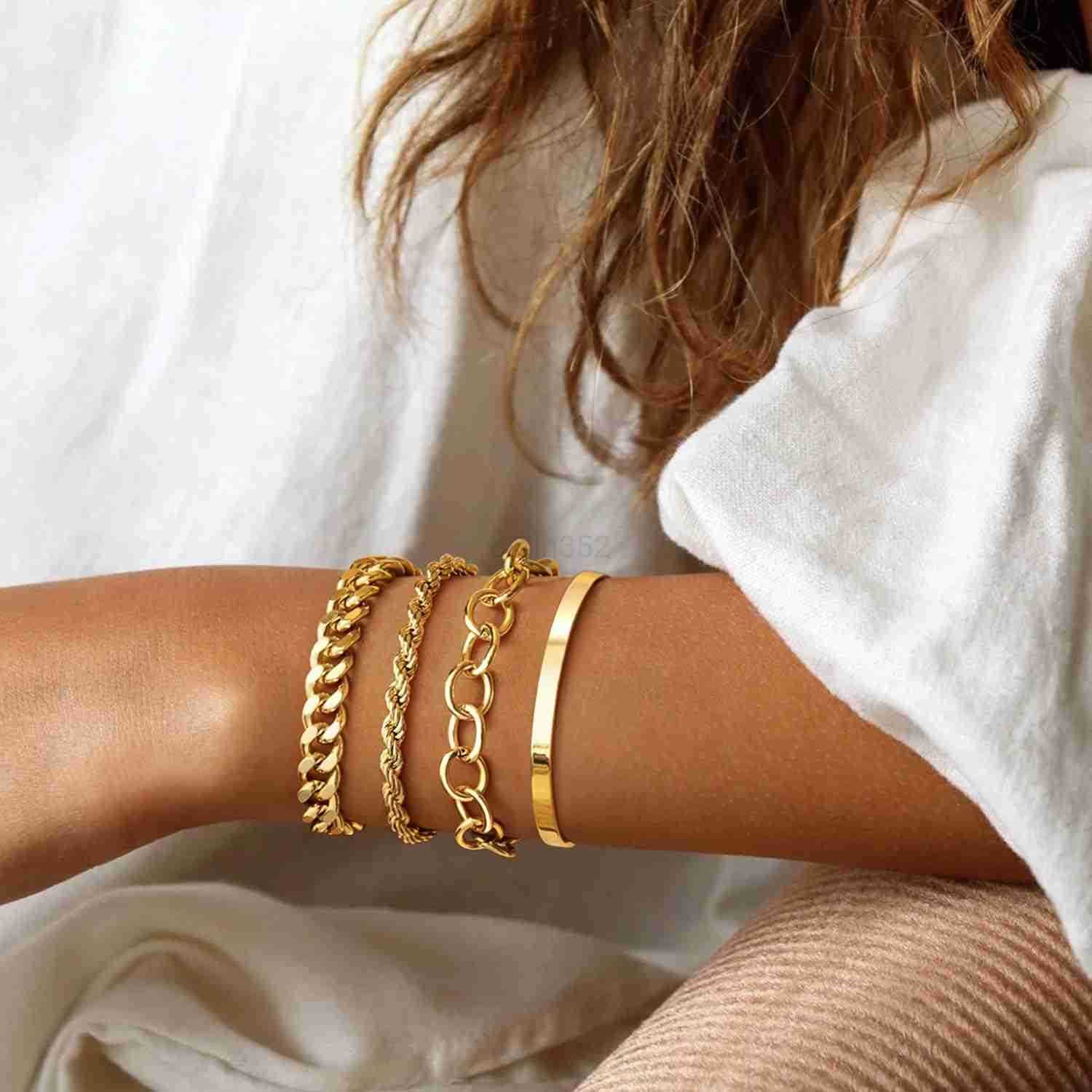 Gold Link Bracelets for Women 14K Real Gold Plated Bangle Cuff Bracelets Set for Women Non Tarnish Dainty Cuban Paperclip Twist Layered Bracelet Stack