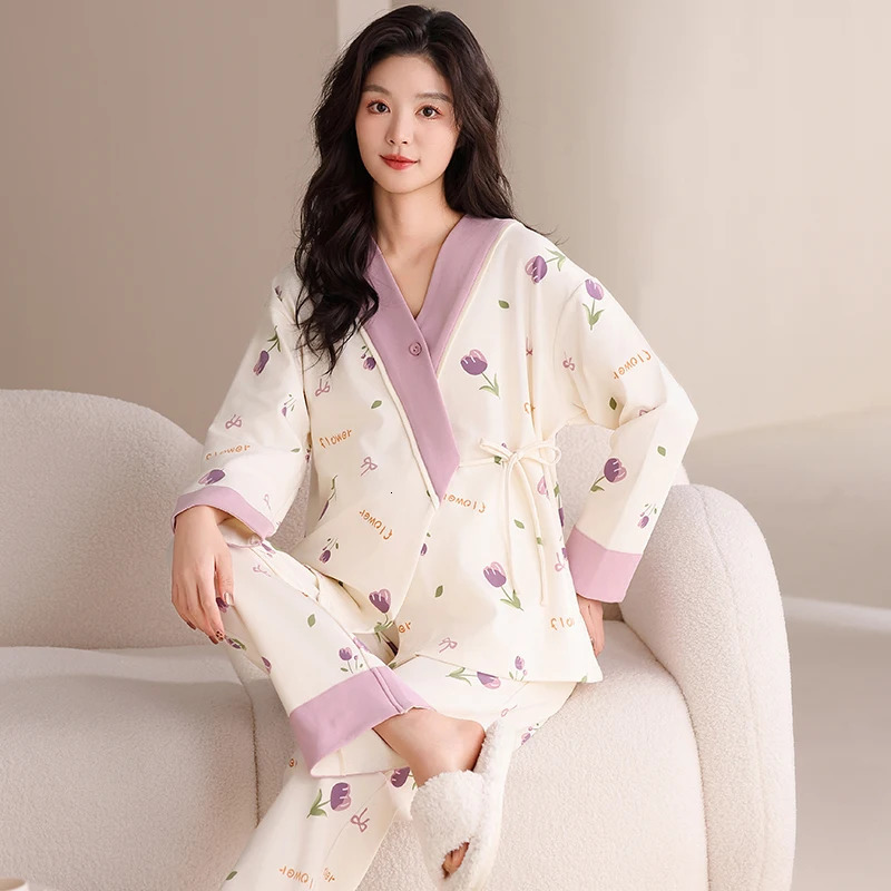 Autumn Postpartum Woman Breastfeeding Pajama Sets Long Sleeve Nursing Top ShirtsPants 2PCSSET Maternity Lactation Clothes Set 250915