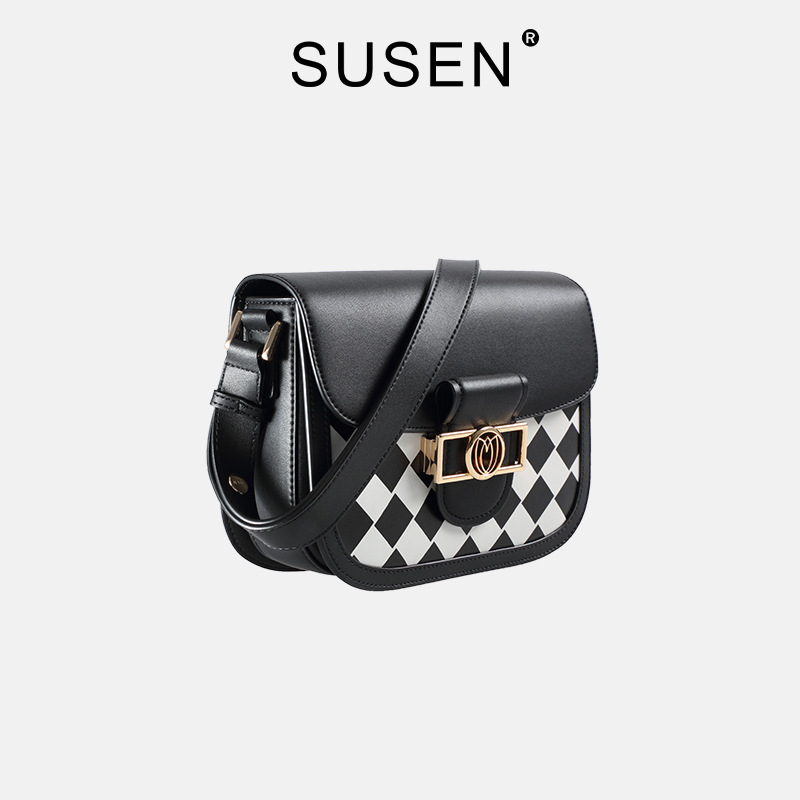 SUSEN checkerboard saddle bag 2025 new crossbody bag women's spring and summer retro niche texture one-shoulder saddle bag