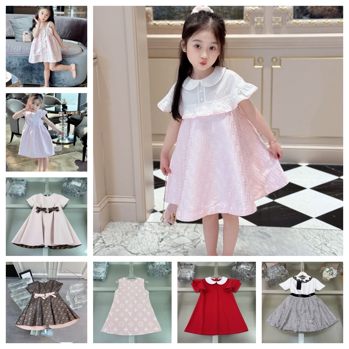 Brand girls dress Cute pink design princess dress kids designer clothes Summer Lapel design partydress Short-sleeved baby skirt size 90-160CM C10