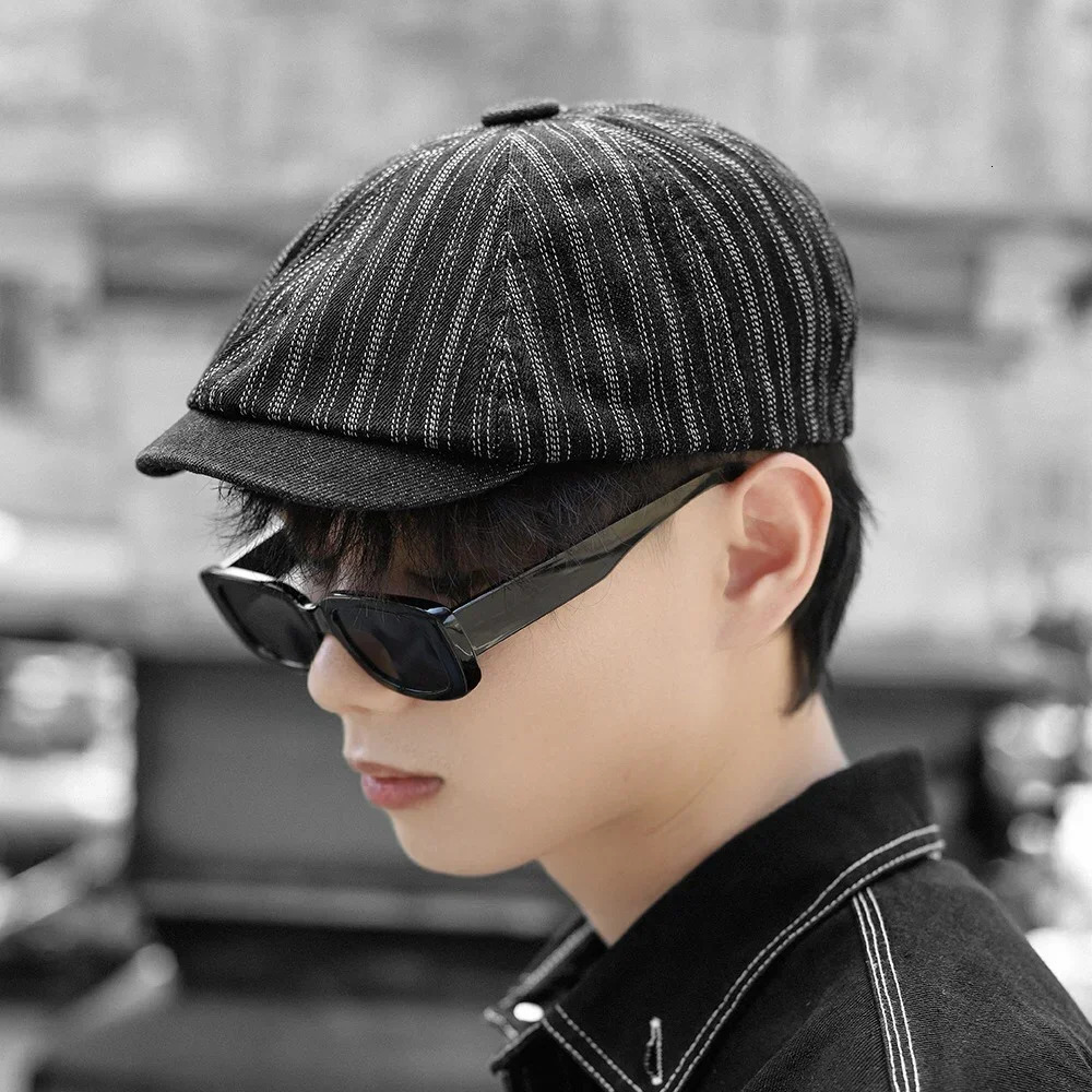 TOHUIYAN Striped Washed Denim Hats For Men Boinas sboy Caps Retro Baker Boy Hat Male Casual Gatsby Caps Women Chapeau Berets 250915