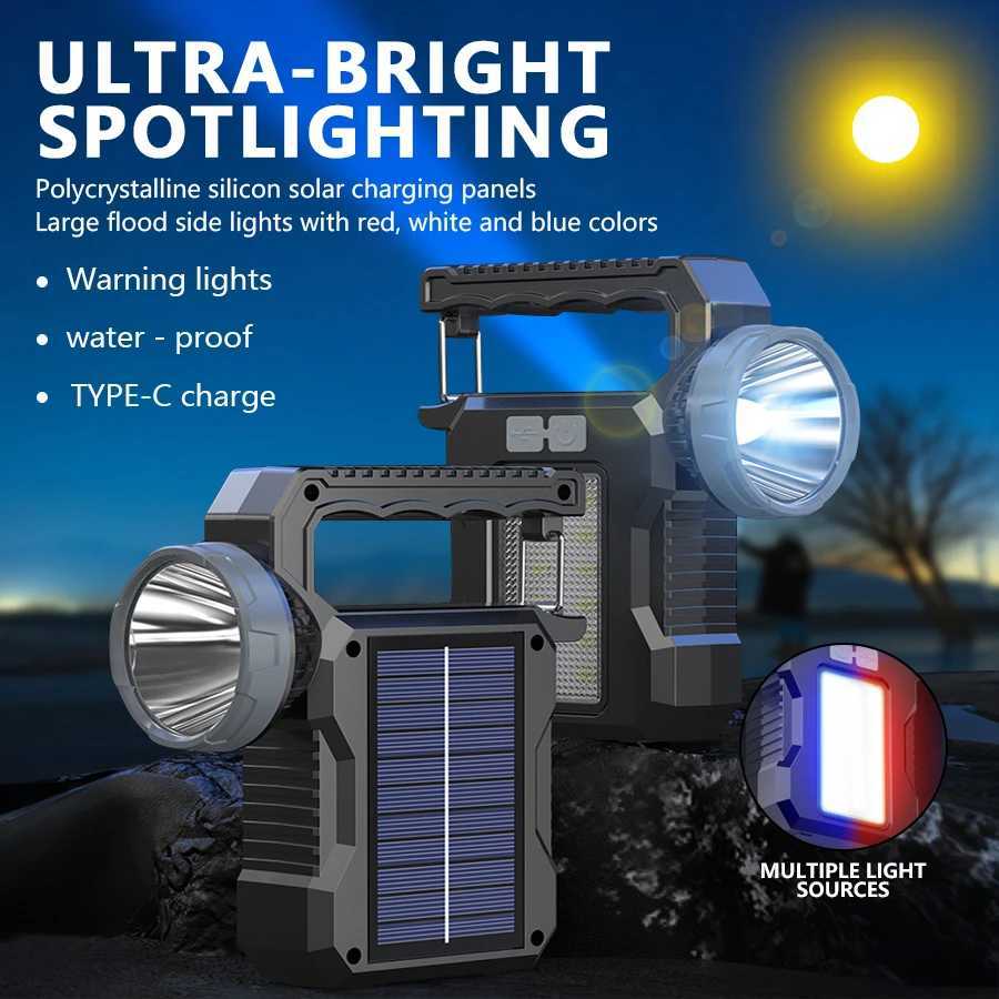 DualSource Solar Light LED Handheld Flashlights TYPEC Rechargeable Portable with 4Modes COB Emergency Red and Blue Searchlight C250915