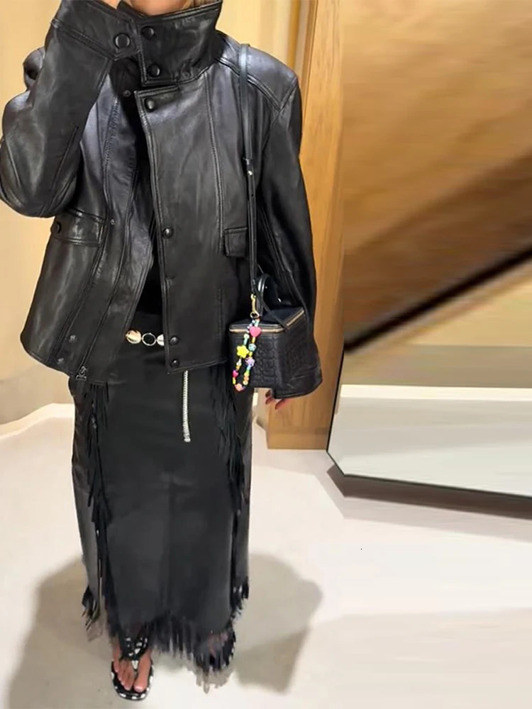 Stand Collar Womens Jacket Full Sleeve Double Button Solid Female Leather Jackets 2025 Autumn Fashion High Street Lady Outwears 250906