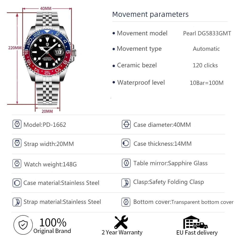 PAGANI N V3 Version GMT Watches Mens y Sapphire Automatic Mechanical Watch 40MM Stainless Steel Waterproof 250915