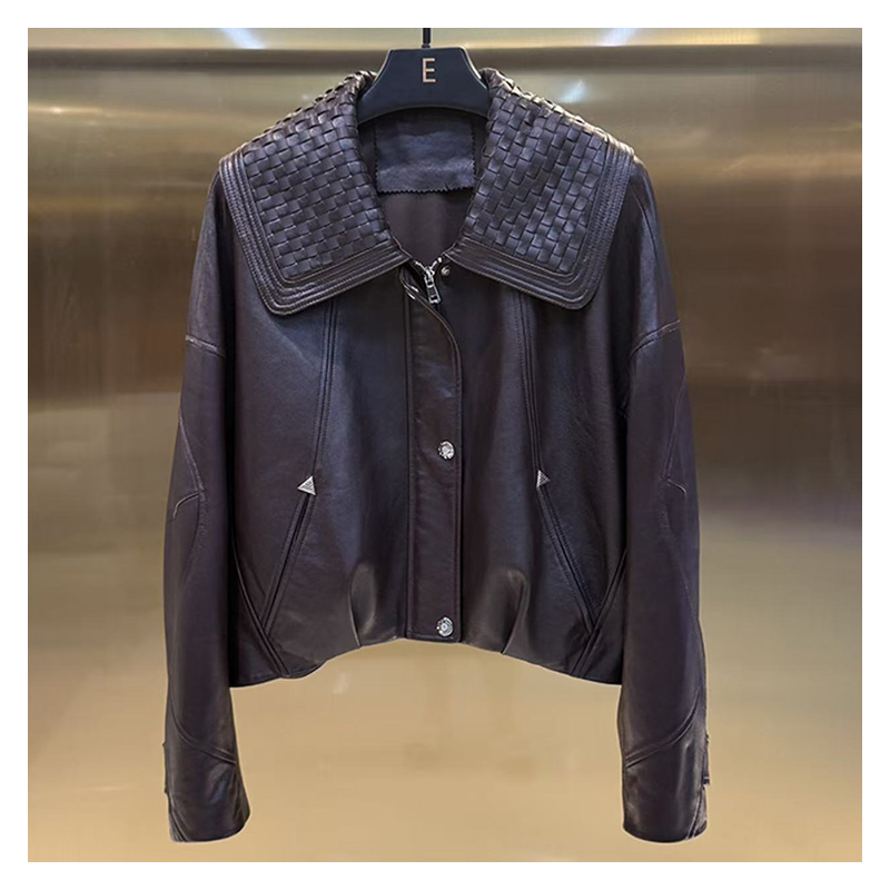 New autumn and winter classic BV style woven leading layer light wax sheepskin old money silhouette leather jacket