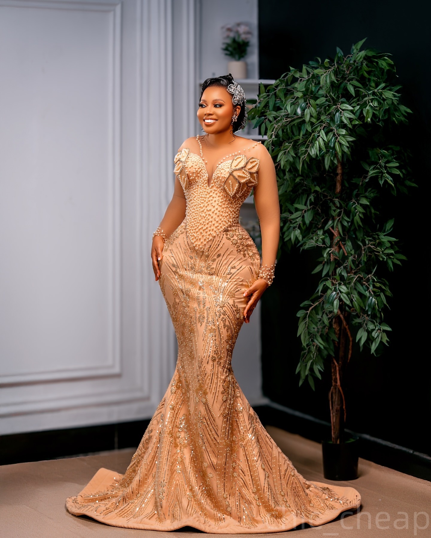 Aso Ebi Champagne Mermaid Prom Dresses 2025 Florals Pearls Sequined Evening Formal Party Second Birthday Engagement Gowns Plus Size Dress For Special 
