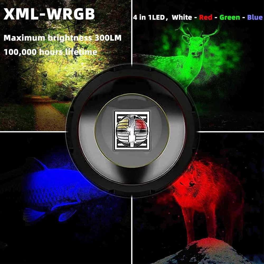 Upgraded Zoomable Red Flashlight 4 Color in 1 Flash Light Green Red Blue White MultiColor RGBW Led with Memory for Fishing C250915