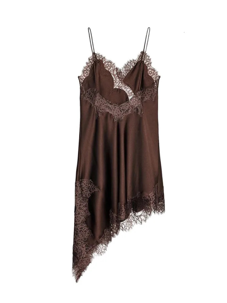 Brown Satin Sexy Lace Spliced Short Sling Dress Women Vneck Sleeveless Backless Asymmetric Party Dresses 2025 Summer Lady Robes 250915