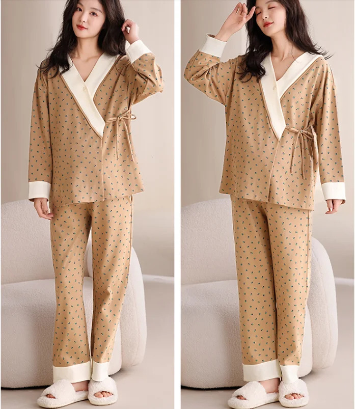Autumn Postpartum Woman Breastfeeding Pajama Sets Long Sleeve Nursing Top ShirtsPants 2PCSSET Maternity Lactation Clothes Set 250915