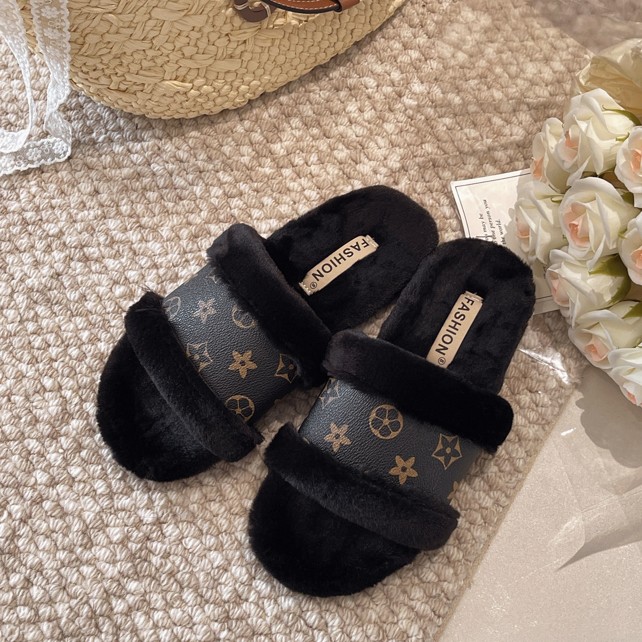 Designer Slippers Cross-border Autumn/Winter New Style Flip-flops, Wool Slippers 2025 Home Patchwork Cotton Slippers, Foreign Trade Women's Slipp