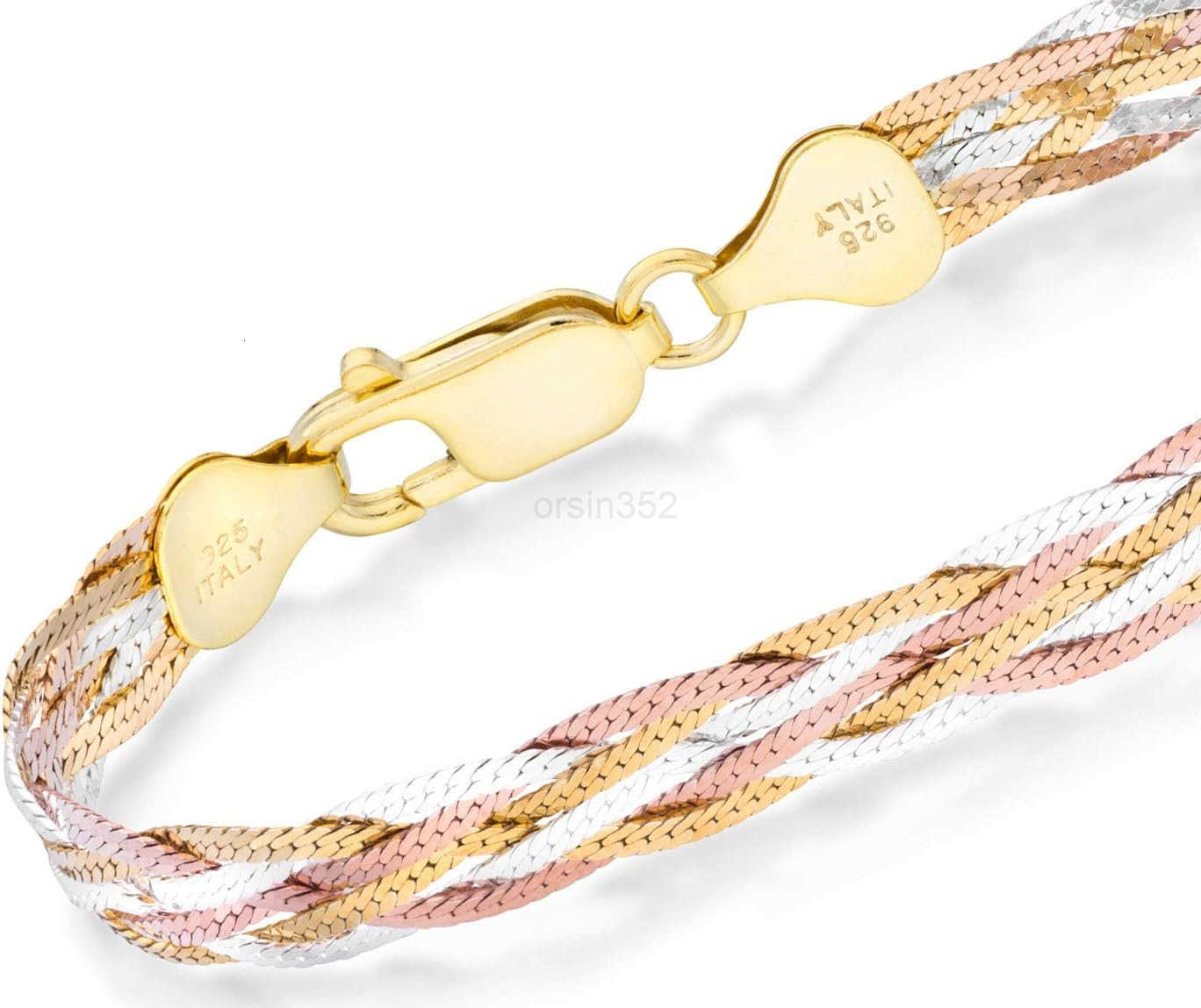 925 Sterling Silver TriColor 18K Gold Plated 6Strand DiamondCut 7mm Braided Herringbone Chain Bracelet for Women Made in ItalyW250915