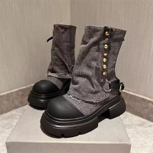 Designer Shoes New Denim Metal Buckle Short Round Toe Thick Sole Casual Ankle Martin Boots Women's Shoes