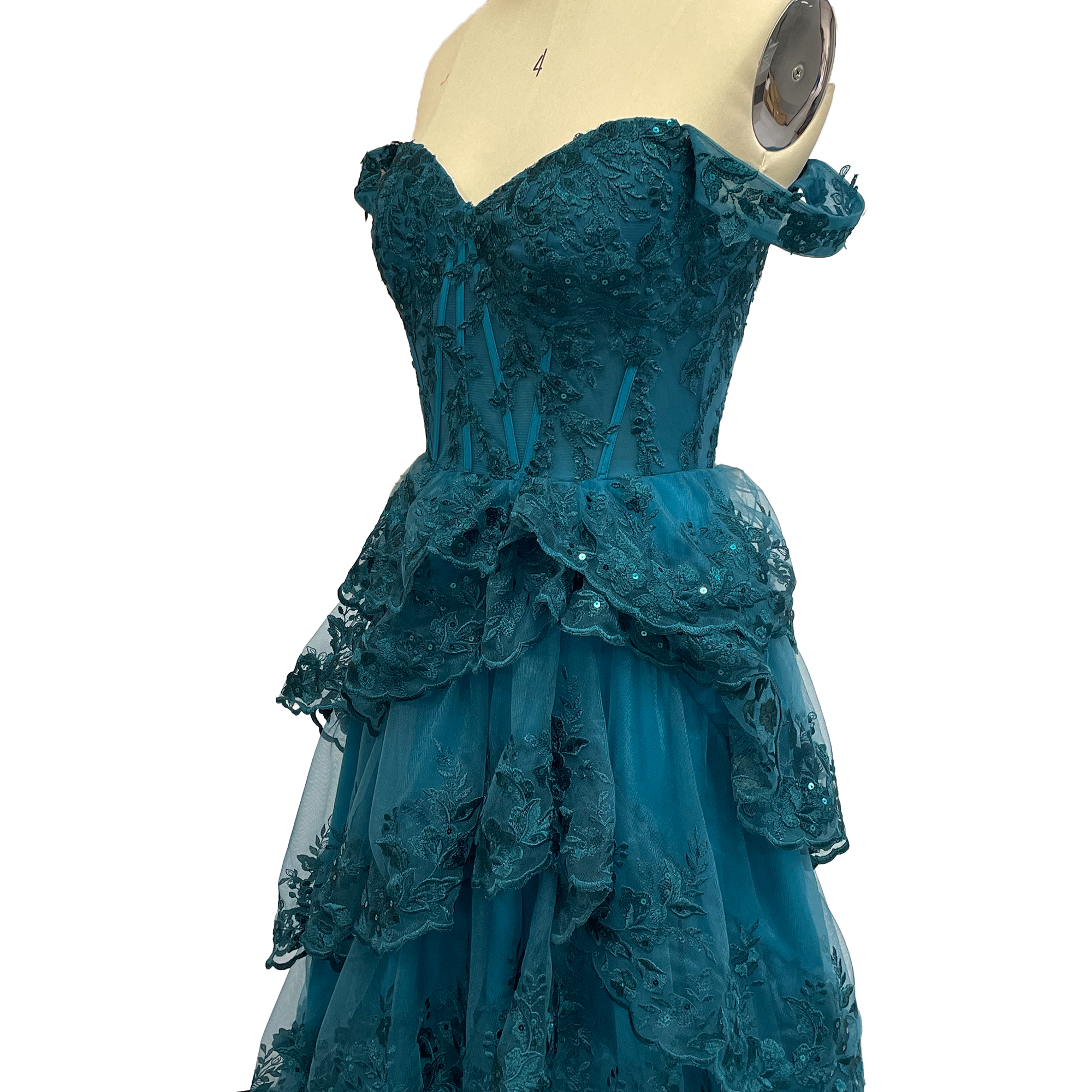 Evening Dresses Gorgeous Off - the - Shoulder Emerald Green Evening Gown with Layered Lace Ruffles and Sequin Embellishments