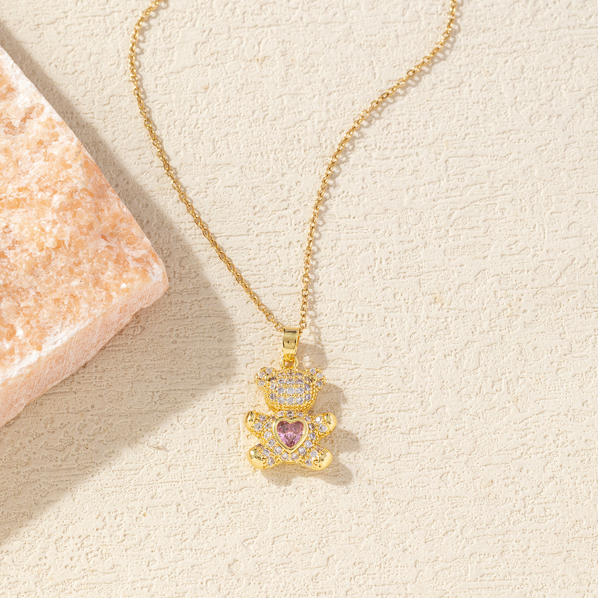 Gold - Toned Teddy Bear Pendant Necklace With Rhinestone And Pink Heart Gem Accents Delicate Daily & Elegant Jewelry Gift For Her High - Quality And S