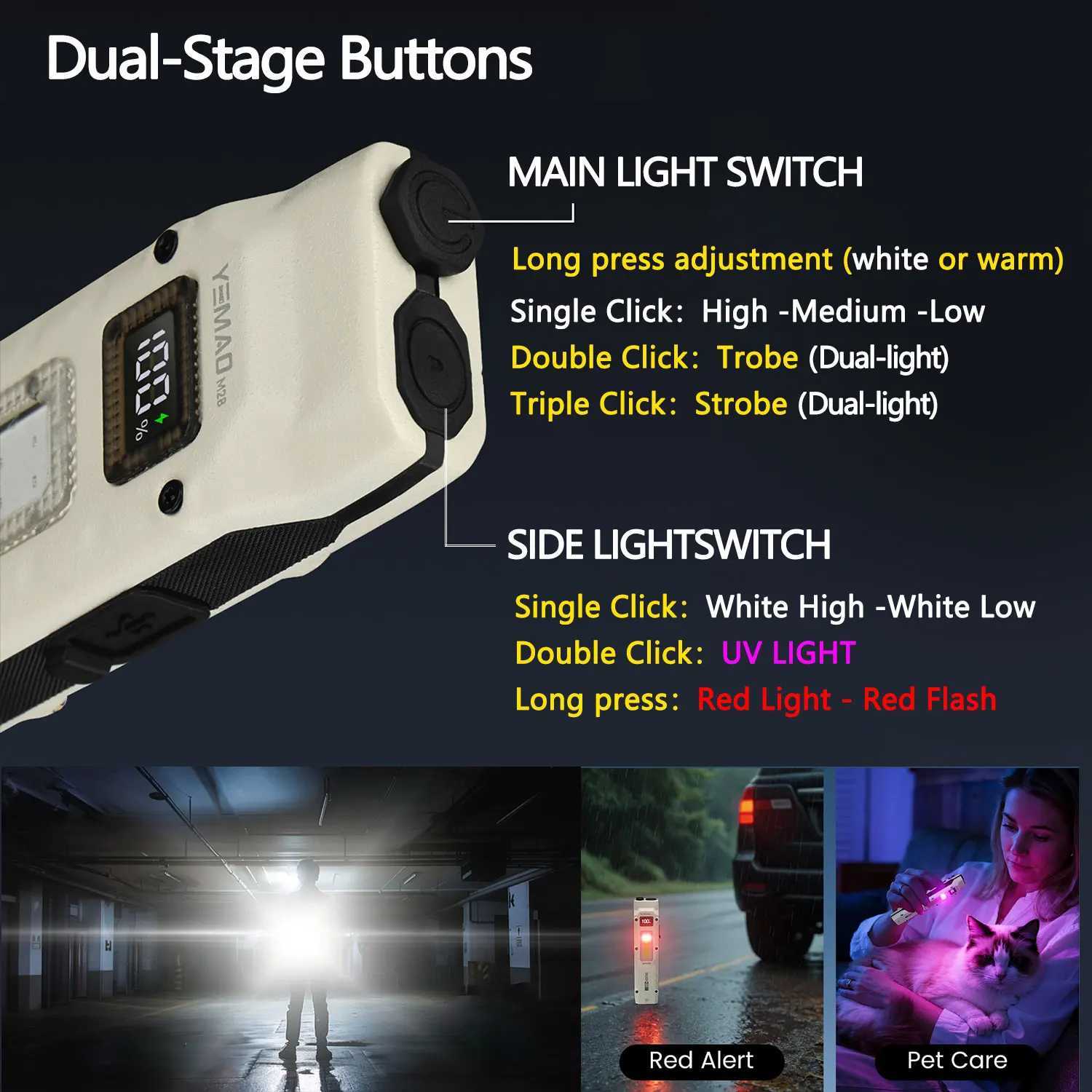 YEMAO M28 Tactical Flashlight 880 Lumens USB Rechargeable LED Flash Light with Spotlight Floodlight Strobe Modes Slim Flat Torch W250915