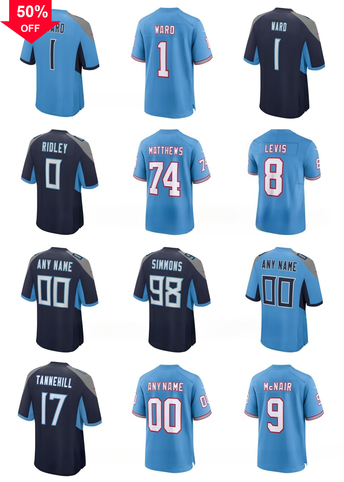 2025 NFL Titans Cameron Ward Steve McNair TVondre Sweat Earl Campbell Jeffery Simmons Calvin Ridley Eddie George Will Levis Treylon Burks Custom Football Jersey