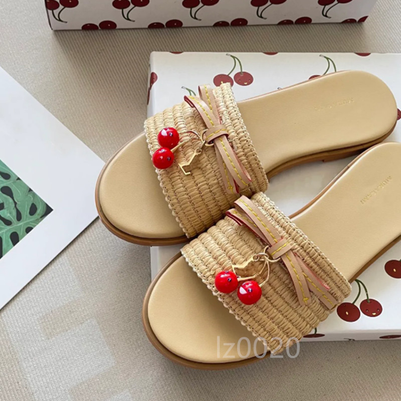 Ladies slippers luxury Paris beach slippers classic flat shoes designer fashion cherry embellished upper hand woven slippers ladies sexy sandals 35-42 women slide