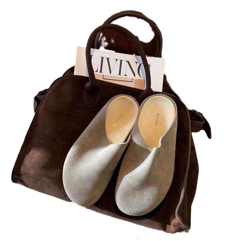 Autumn Lazy Style Simple Half-Wrapped Thick Sole Genuine Leather Slip-On Flat Closed-Toe Slippers