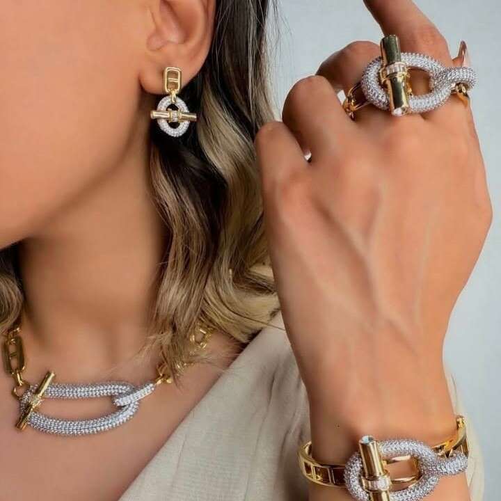 Hot-Selling Gold Tone Luxury Pig Nose Moissanite Chain designer Necklace Ring Bracelet Earring Diamond Premium Copper Inlaid Zircon Jewelry Set party  - view 6