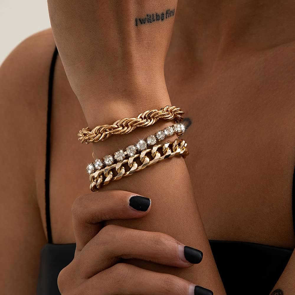 15 Pcs 14K Plated Gold Bracelets Set for Women Multiple Layered Stackable Open Cuff Bangle Adjustable Cuban Link Chain Tennis Bracelet Pack Dainty Cla