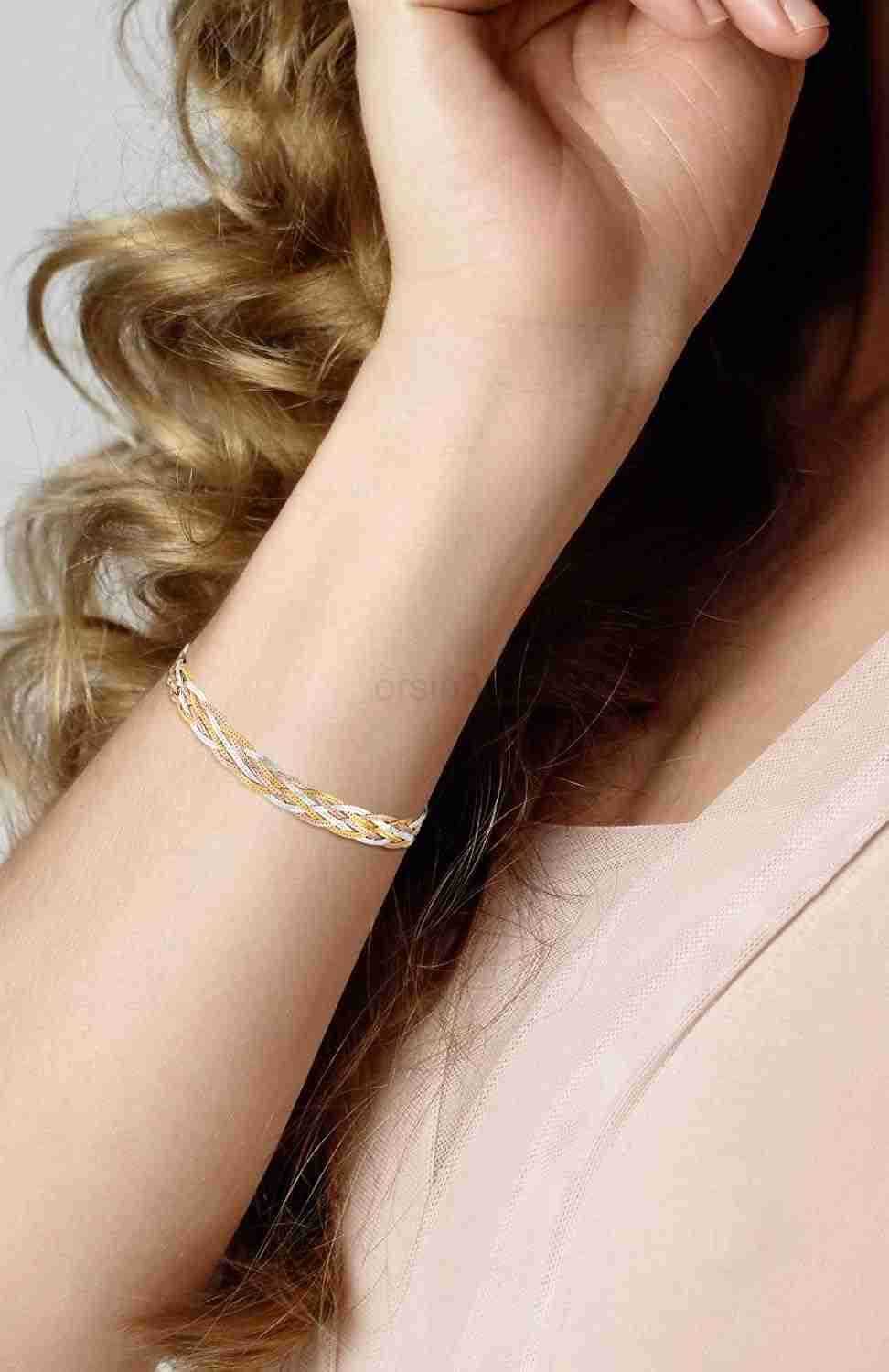 925 Sterling Silver TriColor 18K Gold Plated 6Strand DiamondCut 7mm Braided Herringbone Chain Bracelet for Women Made in ItalyW250915