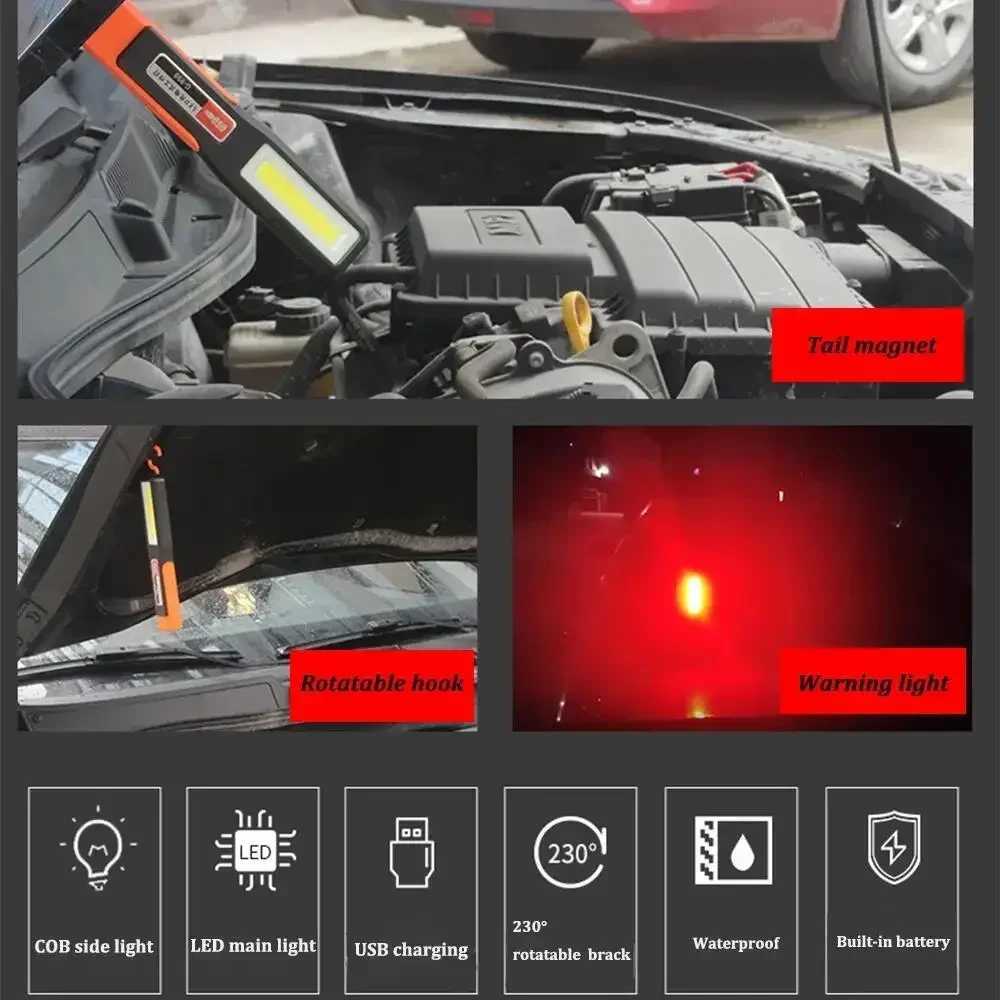 1248PCS Bright COB LED Work Light Car Mechanic Lamp USB Rechargeable Flashlight Magnetic Torch Emergency Light Warning Light C250915