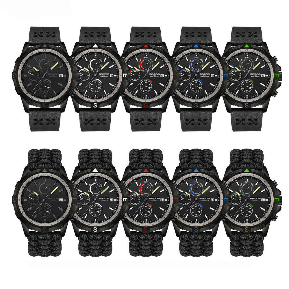 DHwatches Sanda Brand Quartz Outdoor Hiking Sports Detachable Woven Strap Calendar Men's Watch Three Eyes Six Hands Wristwatch