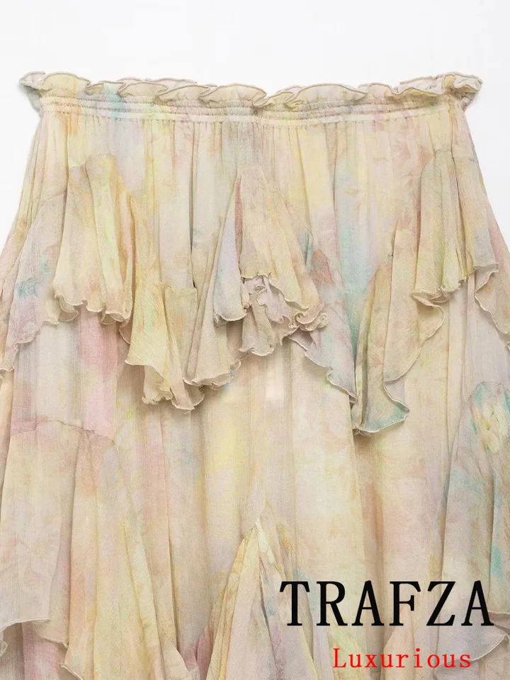 TRAFZA Vintage Flower Print Long Skirts High Waist Ruffles Chiffon Skirts Fashion 2025 Autumn Boho Holiday Party Skirts 250915