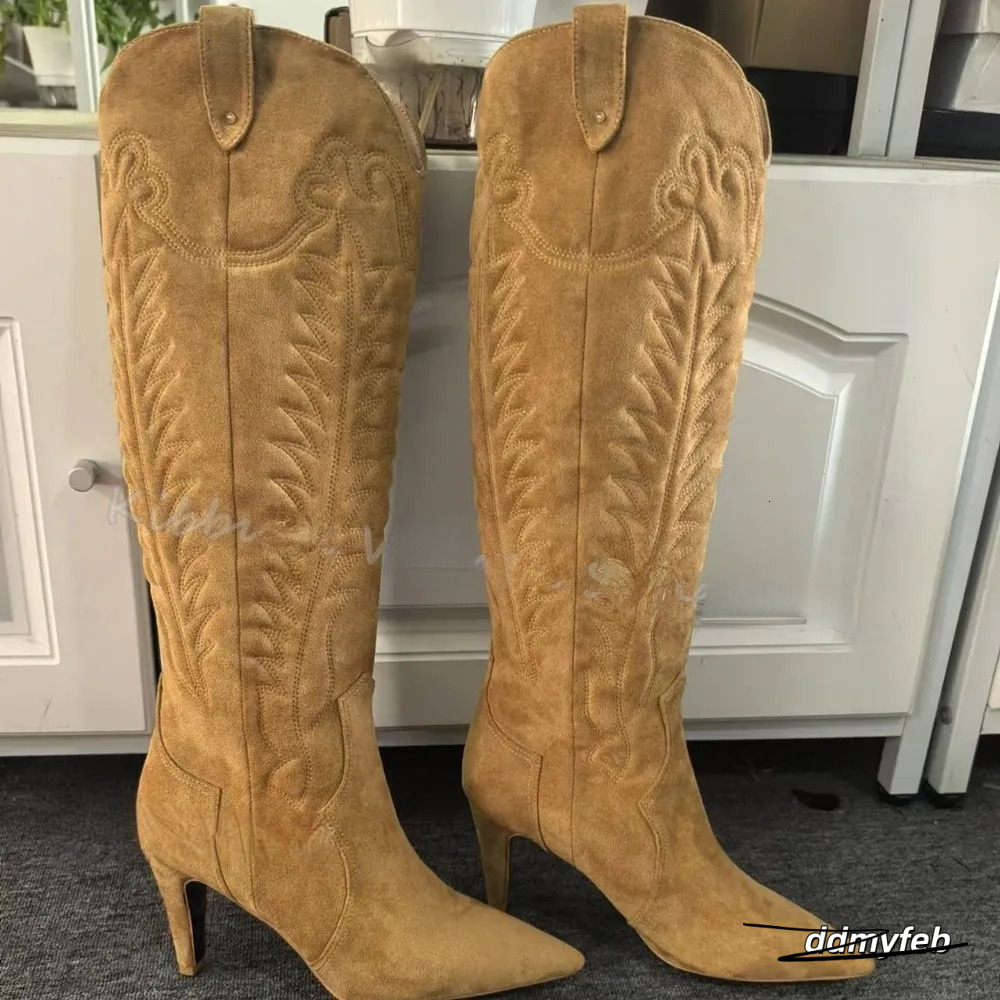 Totem Cowboy Knee High Boots Vintage Concise Elegant Fashion Slip-On Pointed Toe Thin Heels Women Shoes New Solid Color ddmyFeb