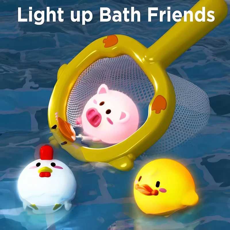 Random Animal Light Up Baby Bath Toys Toddler with Fishing Net Bath Tub Toys for Baby Swimming Water Baby Shower for Kids C250915