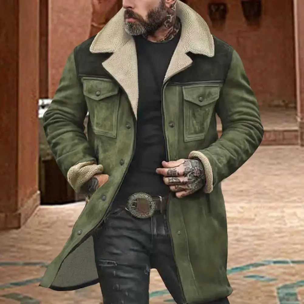 Suede Men Jacket Plush Lamb Wool Lining Lapel Winter Jacket Vintage Sheepskin Shearling Faux Genuine Leather Male Jacket Coat 250915