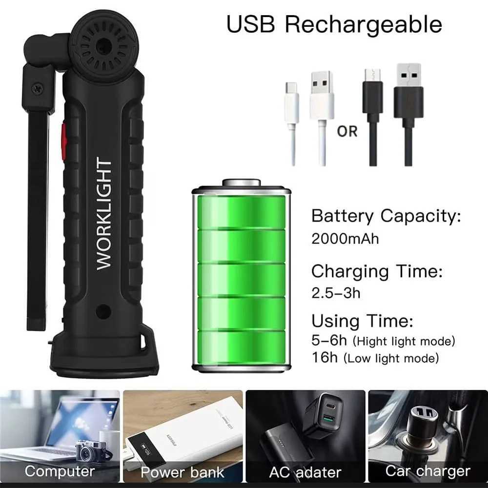 Portable COB High Power LED Flashlight USB Rechargeable Camping Lamp Torch Car Repairing Work Light Hanging Hook Magnet 5 Modes C250915