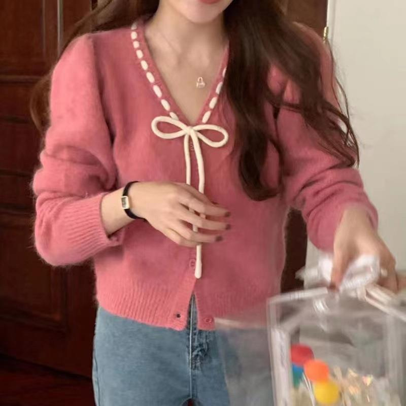 Spring and Autumn Sweet Fragrant Style Bow Tie V-neck Loose and Versatile Long Sleeve Knitted Cardigan Sweater