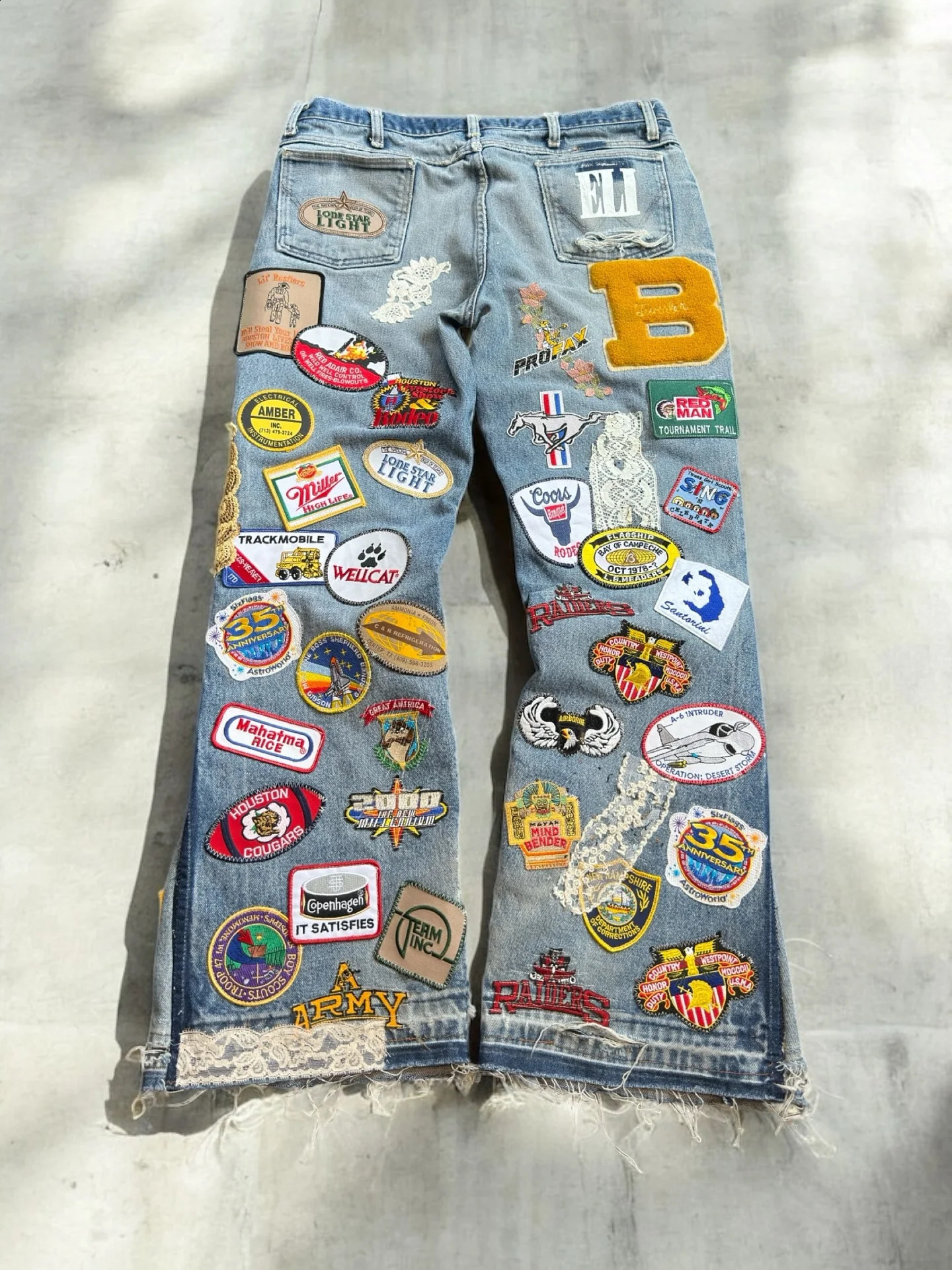 American Vintage Y2K Multi Patch Jeans Mens Womens Blue Distressed Bell Bottom Patch Embroidered Pattern Baggy Trousers250912