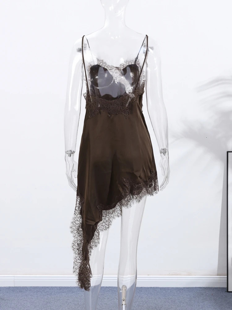 Brown Satin Sexy Lace Spliced Short Sling Dress Women Vneck Sleeveless Backless Asymmetric Party Dresses 2025 Summer Lady Robes 250915