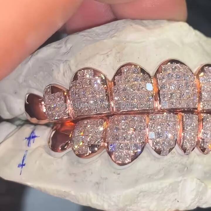 Flawless Princess Cut Invisible Setting Grillz Rose Gold Factory Custom 10 on 10 S925 Silver VVS Moissanite Lab Diamond Grillz