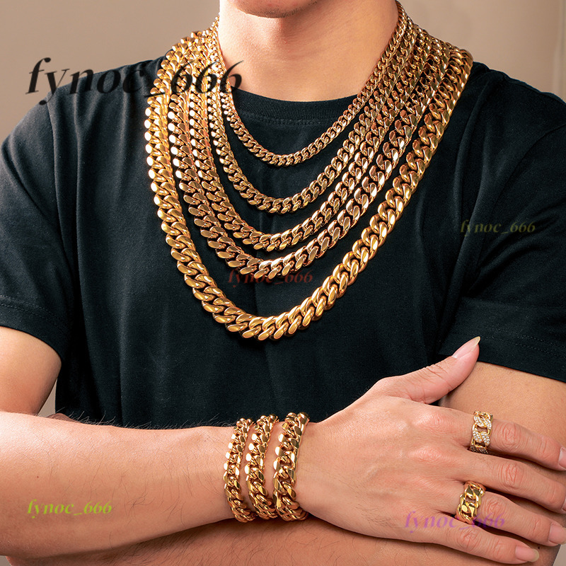Fashion Jewelry Hip Hop Stainless Steel Jewelry Cuban Curb Link Miami Chain 14k 18k Gold Plated Bracelet Necklace for Men
