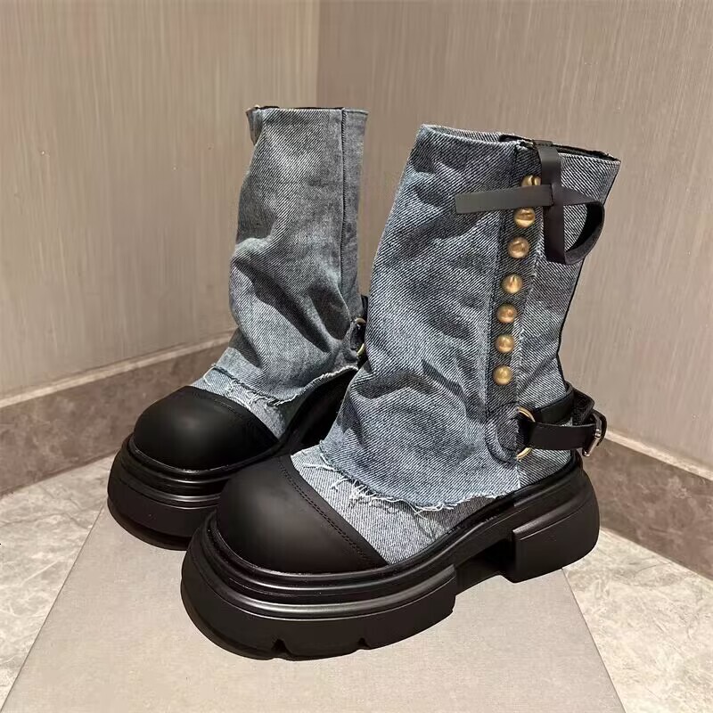 Designer Shoes New Denim Metal Buckle Short Round Toe Thick Sole Casual Ankle Martin Boots Women's Shoes