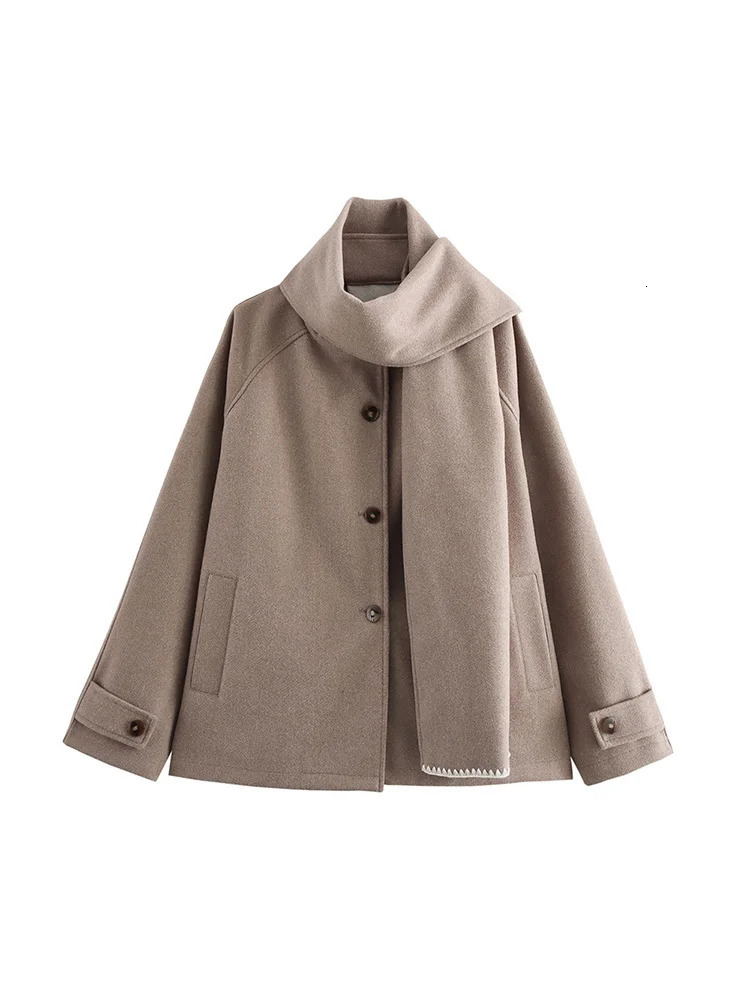 TRAF Womens Premium Scarf Trimmed Button Long Sleeve Jacket Solid Colour Fashion Tweed Temperament Clothing 250906