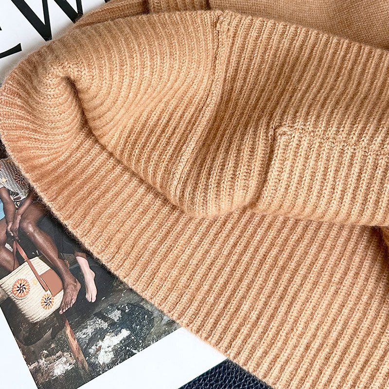 Luxury Y2K Designer Vintage Oversized Women's 100% Cashmere Brown Pocket Knit Cardigan Stand Collar Loose Fit Zip Up Classic Cuffed Sleeves Soft 