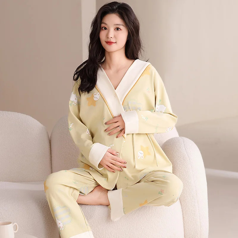 Autumn Postpartum Woman Breastfeeding Pajama Sets Long Sleeve Nursing Top ShirtsPants 2PCSSET Maternity Lactation Clothes Set 250915