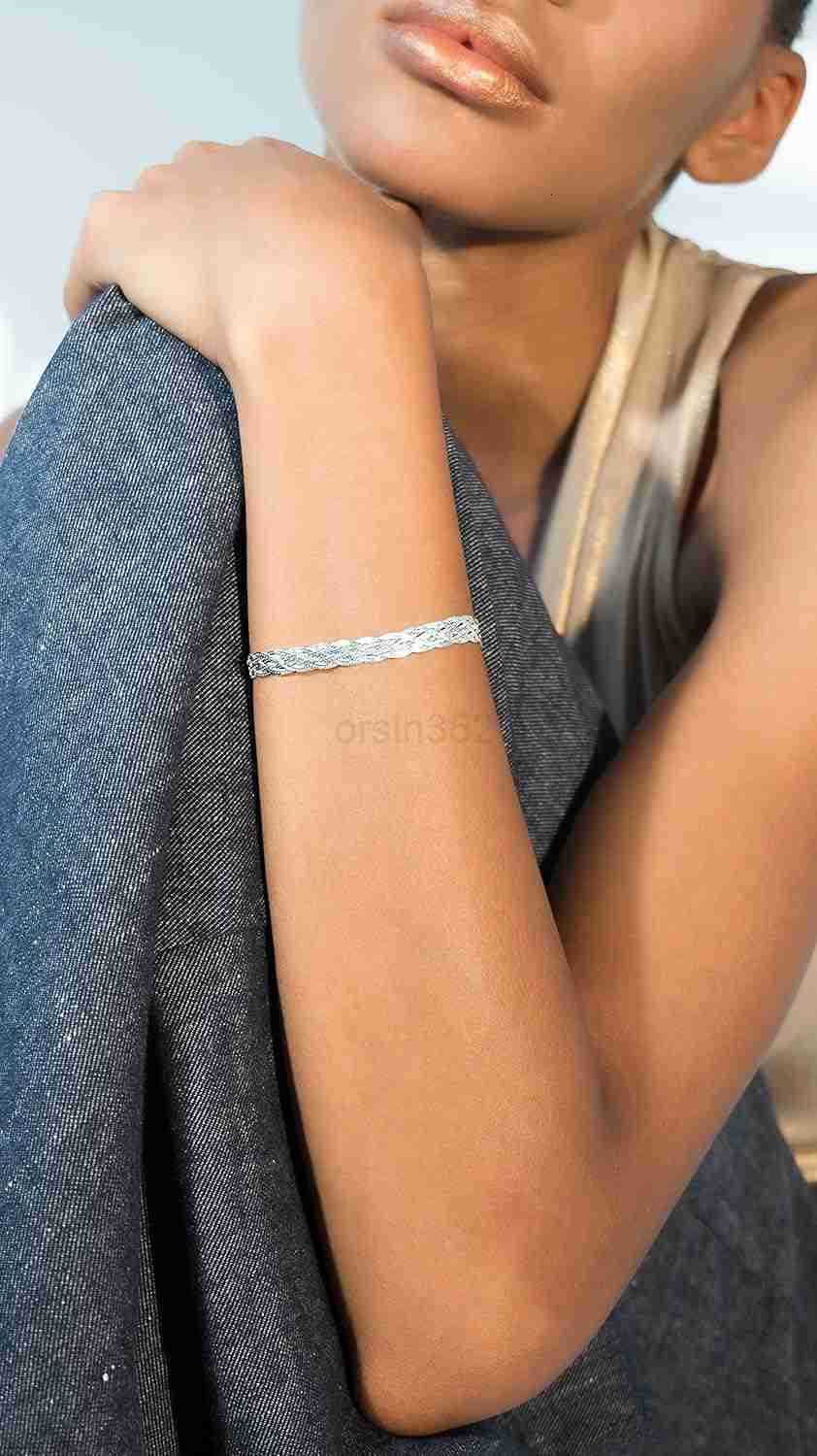 925 Sterling Silver TriColor 18K Gold Plated 6Strand DiamondCut 7mm Braided Herringbone Chain Bracelet for Women Made in ItalyW250915