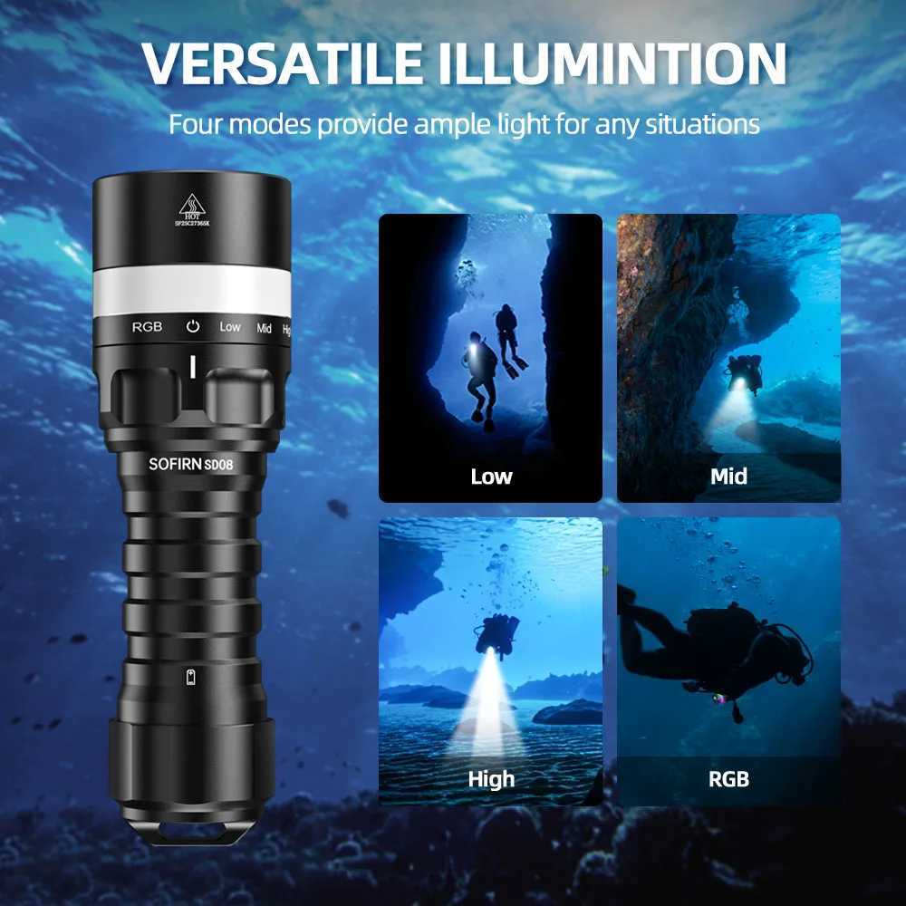 New Sofirn SD08 Scuba Diving Flashlight SST70 LED 3200lm 21700 Rechargeable Torch With 360 RGB light underwater positioning C250915